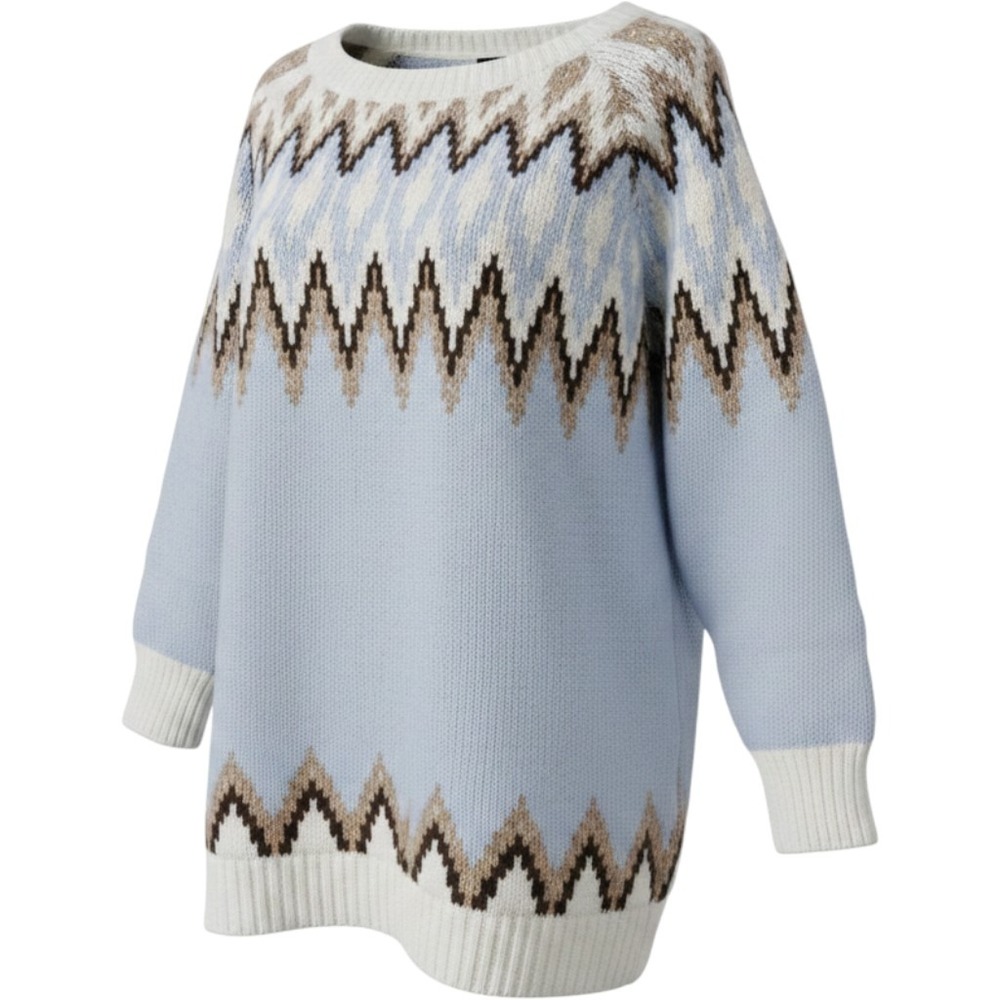 Lands End Fair Isle 1X Nordic Sweater Light Blue Cream Brown Zig Zag Pattern